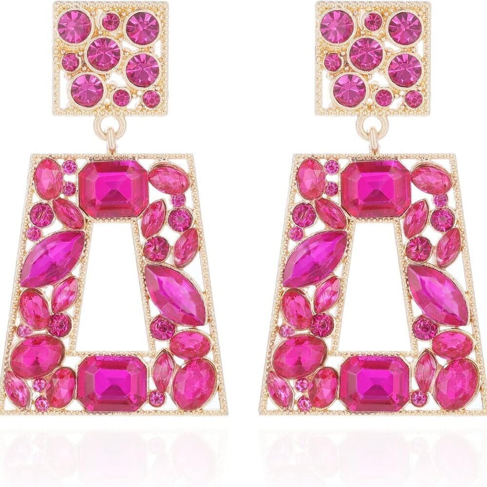 Colorful Rhinestone Statement Earrings Geometric Dangle for Women Parties